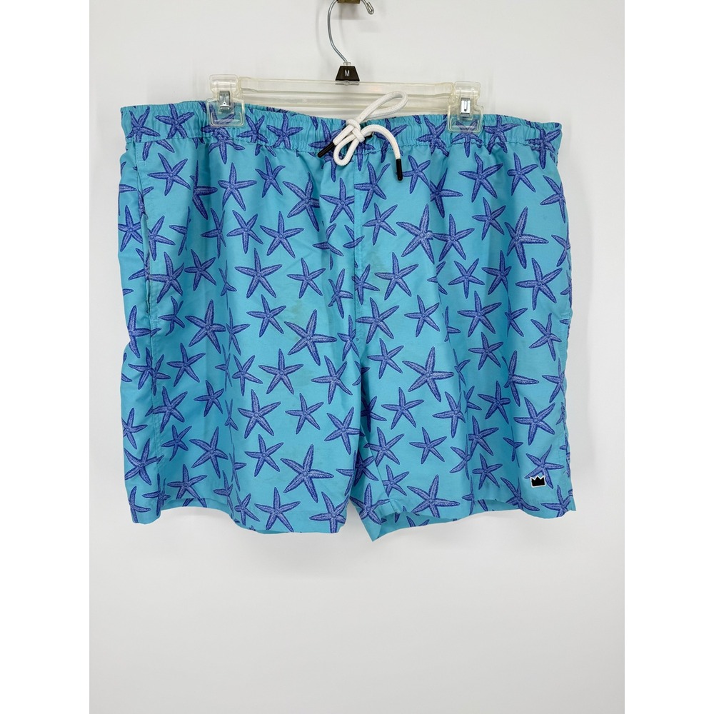 Crown & Ivy Swim Trunks Men XL Blue Starfish Print Mesh Lined Drawstring Shorts